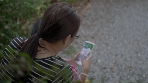 快乐的亚洲家庭带着智能手机在户外荡秋千 — 图库视频影像