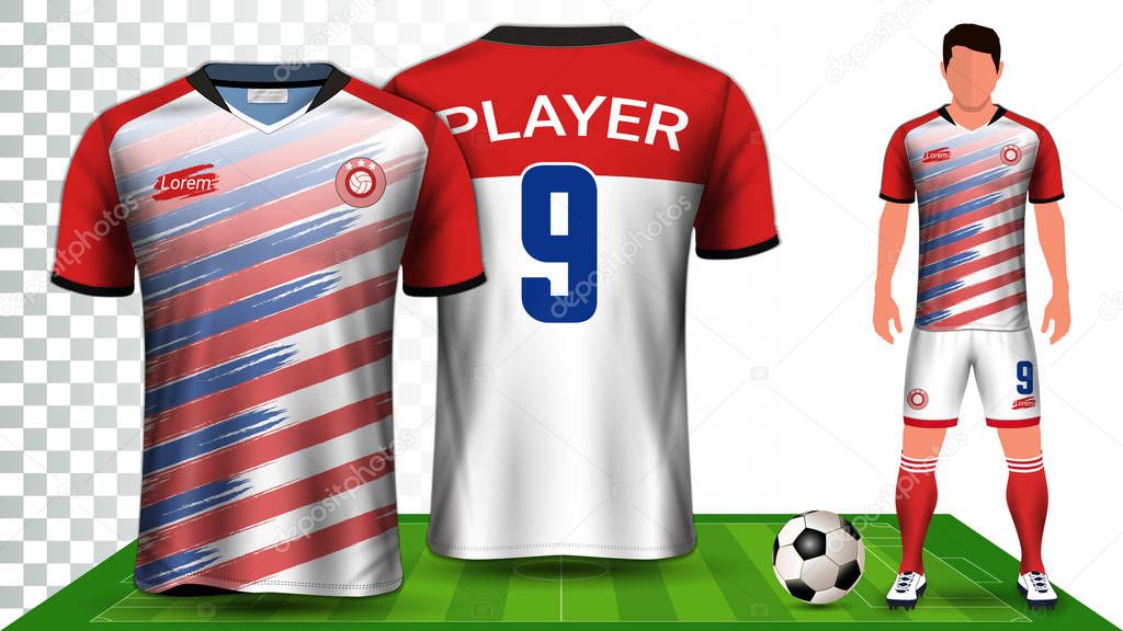 Soccer Jersey and Football Kit Presentation Mockup Template, Front and Back View Including Sportswear Uniform, Shorts and Socks and it is Fully Customization Isolated on Transparent Background.