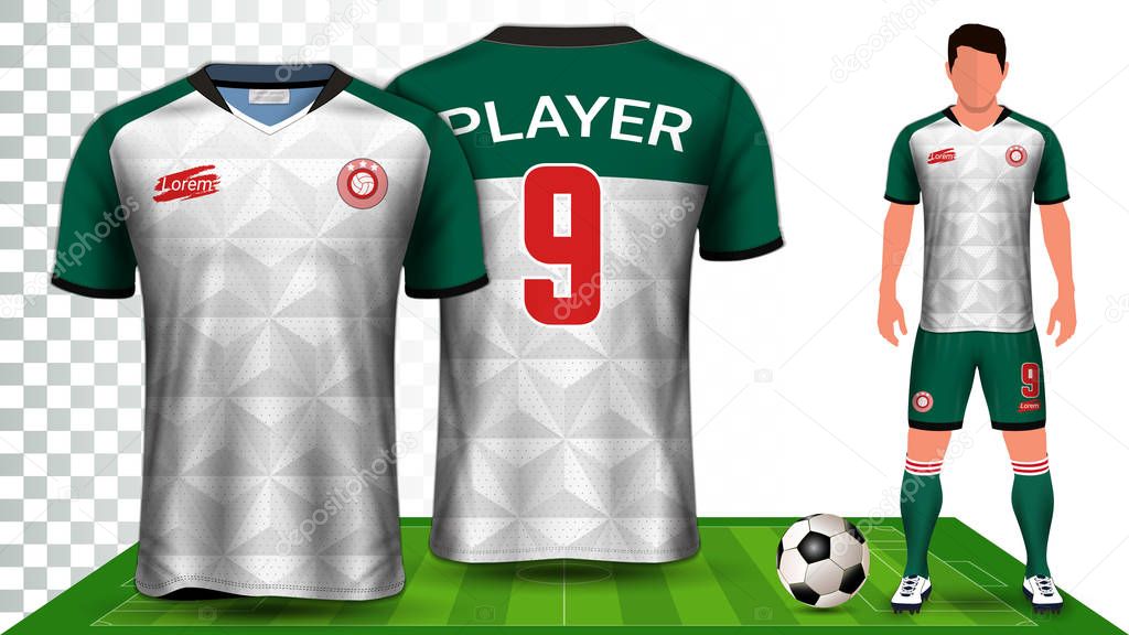 Soccer Jersey and Football Kit Presentation Mockup Template, Front and Back View Including Sportswear Uniform, Shorts and Socks and it is Fully Customization Isolated on Transparent Background.