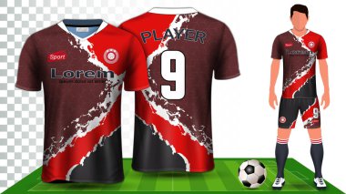 Futbol forması, spor forması veya futbol kiti üniforma sunum mockup şablon, ön ve arka görünüm dahil şort ve çorap ve tam özelleştirme şeffaf arka planda yalıtılmış.