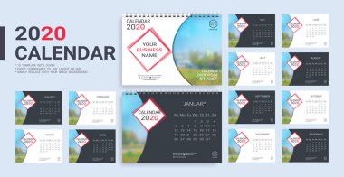 Desk Calendar 2020 template, 12 months and 13 template with cover included in A5 but easily to changeable to any layout or size and simply replace with your image background. clipart