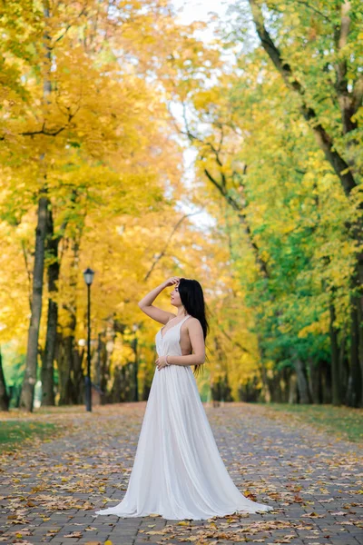 Jovem Bela Morena Feminina Vestido Branco Longo Parque Outono — Fotografia de Stock