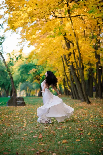 Jovem Bela Morena Feminina Vestido Branco Longo Parque Outono — Fotografia de Stock