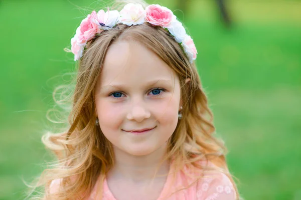 Outdoor Portrait Cute Little Girl Princess Dress Blooming Garden Emotional — Stock Photo, Image