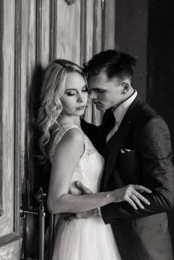 Klasik bir stüdyonun içinde sevimli bir evlilik çifti. Öpüşüyorlar ve sarılıyorlar..