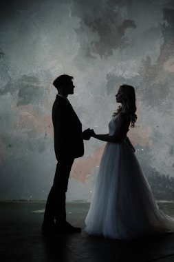 Klasik bir stüdyonun içinde sevimli bir evlilik çifti. Öpüşüyorlar ve sarılıyorlar..