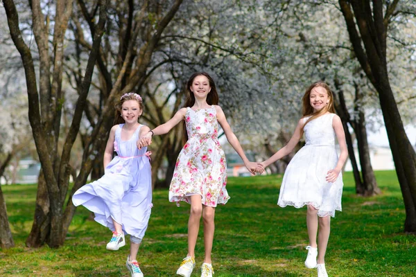 Drie Mooie Meisjes Retro Jurken Voor Een Wandeling Een Bloemrijke — Stockfoto