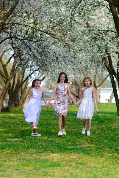 Tre Adorabili Ragazze Abiti Tengono Mano Cerchio Che Tiene Mano — Foto Stock