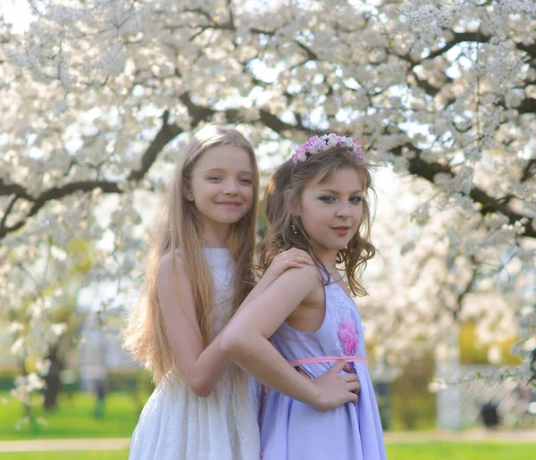 Dos Hermosas Chicas Jóvenes Con Ojos Azules Vestido Blanco Jardín — Foto de Stock