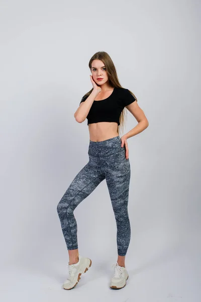 Hälsosam Livsstil Full Längd Porträtt Leende Ung Fitness Flicka Perfekt — Stockfoto