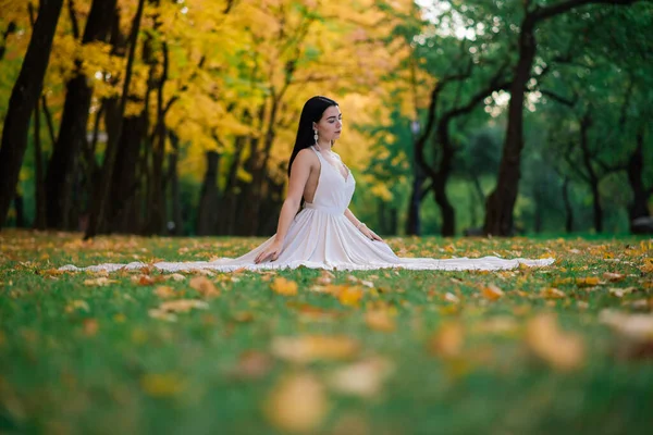 Jovem Bela Morena Feminina Vestido Branco Longo Parque Outono — Fotografia de Stock