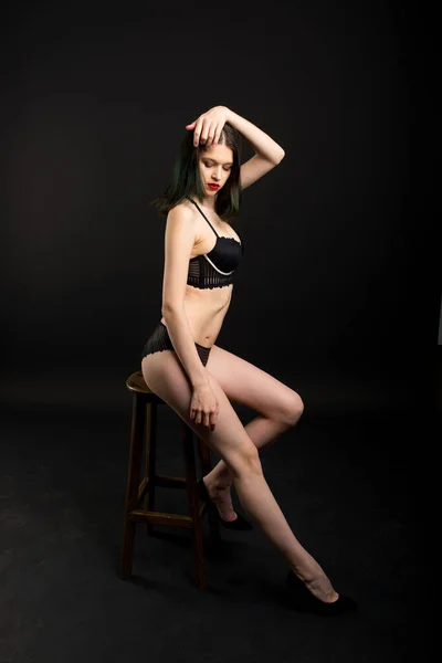 Cute Brunette Female Model Posing Wearing Black Underwear Studio — Stock Photo, Image