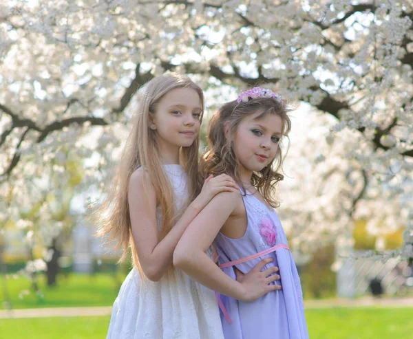 Due Belle Ragazze Con Gli Occhi Azzurri Abito Bianco Giardino — Foto Stock