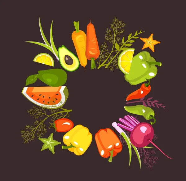 Vector Image Circle Fresh Vegetables Herbs Healthy Lifestyle Black Background — Stock Vector