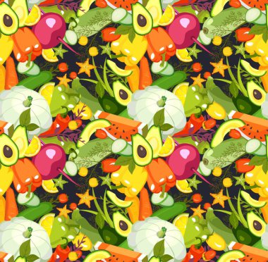 Olgun sebze otlar ve meyveler Dikişsiz desen, duvar kağıdı, tekrarlama topluluğu vektör çizim