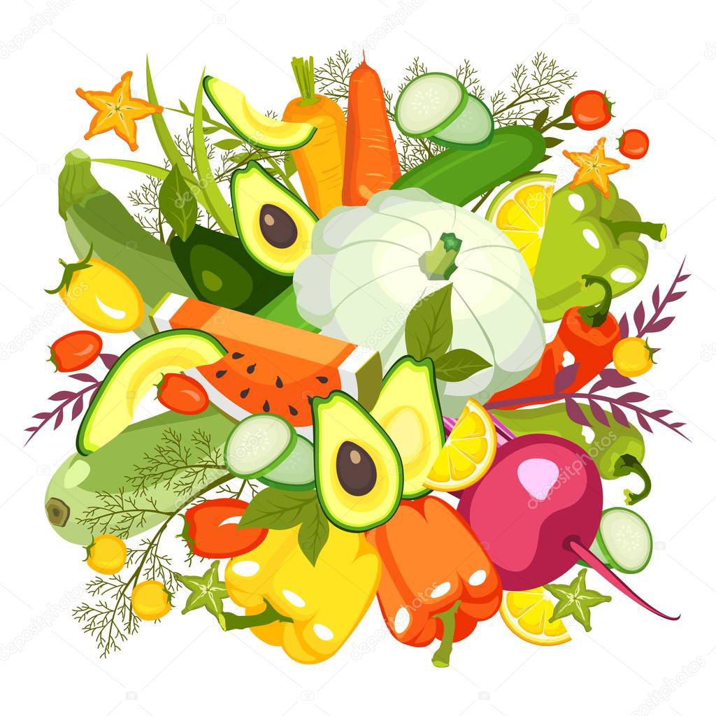 Vector illustration of a collection of ripe vegetables herbs and fruits chopped slices on a white background isolated set