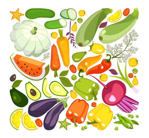 Ilustración Vectorial Una Colección Verduras Maduras Hierbas Frutas Rebanadas Picadas — Vector de stock