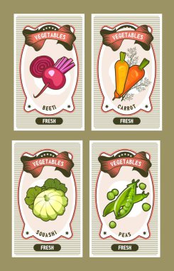 Sağlıklı gıda maddeleri sebze pancar dikey vintage etiketler vektör kart şablonları kümesi. havuç, patisson, bezelye