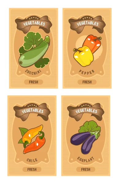 一套矢量卡模板与健康食品蔬菜在垂直年份标签西葫芦 — 图库矢量图片