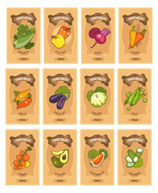 Vektör kart şablonları sağlıklı gıda maddeleri sebze domates, dikey vintage Etiketler üzerinde kırmızı pancar. havuç, biber, kabak, patlıcan,