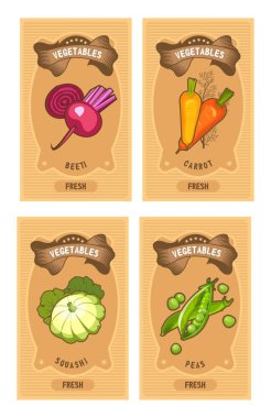 Vektör kart şablonları sağlıklı gıda maddeleri sebze domates, dikey vintage Etiketler üzerinde kırmızı pancar. havuç, patisson, bezelye