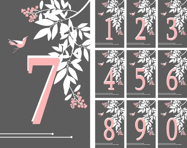 ユーカリで飾られた数字でカードを垂直のベクター イラスト セット黒地にベリー鳥を葉します — ストックベクタ