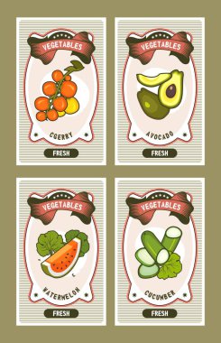 Vektör kart şablonları ürün sağlıklı gıda sebze dikey vintage Etiketler domates, avokado, arubz, salatalık, dilim kümesi
