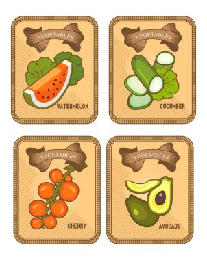 Vektör kart şablonları ürün sağlıklı gıda sebze dikey vintage Etiketler domates, avokado, arubz, salatalık, dilim kümesi