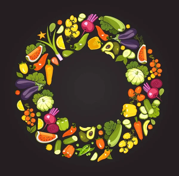 Vektor Set Von Frischem Obst Gemüse Einem Kreis Einem Rahmen — Stockvektor