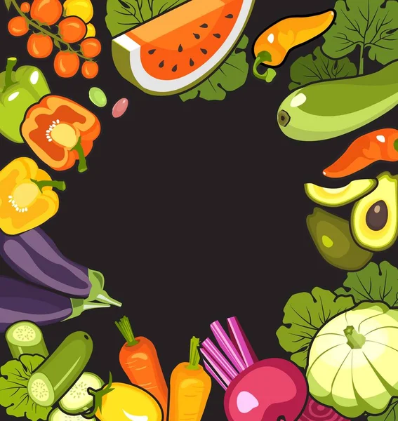 Векторная Иллюстрация Набора Спелых Овощей Квадратной Рамке Черном Фоне Пустым — стоковый вектор