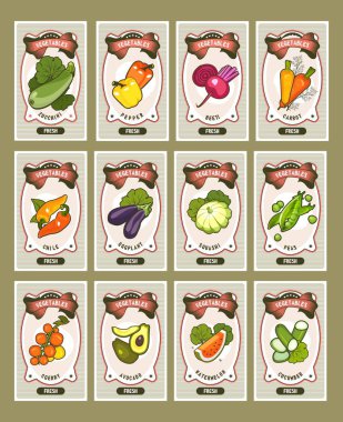 Vektör kart şablonları sağlıklı gıda maddeleri sebze domates, dikey vintage Etiketler üzerinde kırmızı pancar. havuç, biber, kabak, patlıcan,