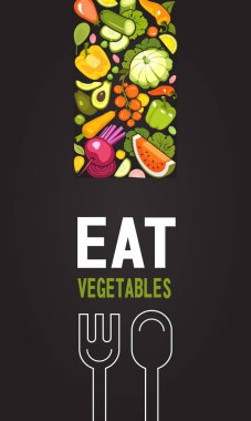 Olgun sebze afiş broşür hakkında sağlıklı gıda stilize logolar kaşık ve çatal restoran veya kafe için siyah arka plan ile vektör dikey çizim