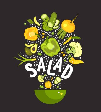 vektör çizim set taze sebze gıda mutfak aksesuarları, salata kasesi pişirme siyah bir arka plan