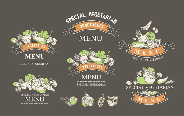 Conjunto Etiquetas Con Dietas Alimentos Vegetarianos Crudos Alimentos Orgánicos Elementos — Vector de stock