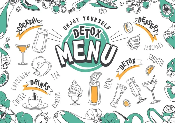 Vector Illustration Menu Cafe Restaurant Drinks Juices Detox Cocktails White — Stock Vector