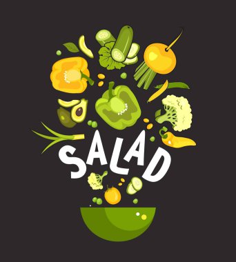 vektör çizim set taze sebze gıda mutfak aksesuarları, salata kasesi pişirme siyah bir arka plan