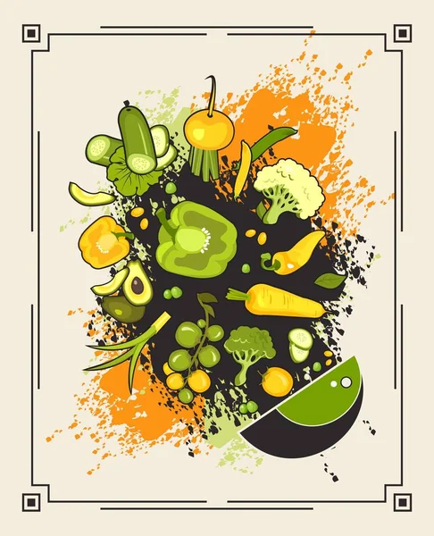 Ilustração Vetor Verduras Frescas Fluem Uma Chapa Estilo Retro Contexto —  Vetores de Stock