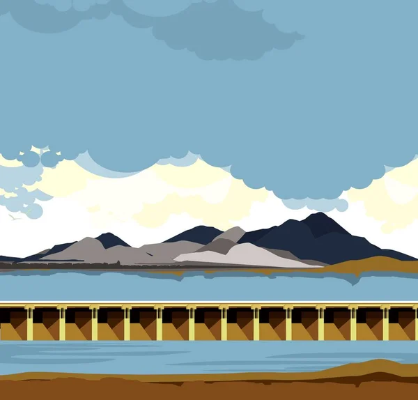 Vektör Yatay Çizim Bir Rezervuar Şehir Barajı Manzarası Highlands Baraj — Stok Vektör
