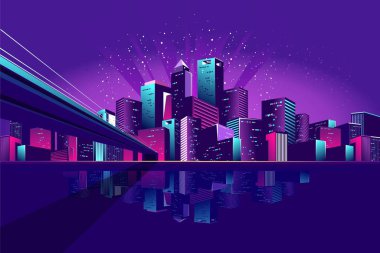 vektör çizim neon renkli renkli gece şehirde megalopolis yol iç kanala köprüden elektrik ışıkları