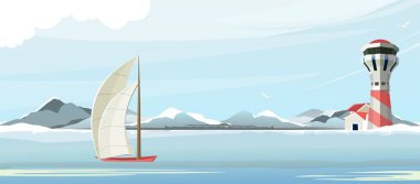 vektör yatay illüstrasyon, gündüz panorama Yelkenli deniz feneri
