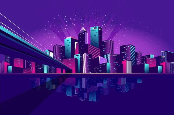 Ilustração Vetorial Neon Colorido Multicolorido Noite Cidade Luzes Elétricas Ponte —  Vetores de Stock