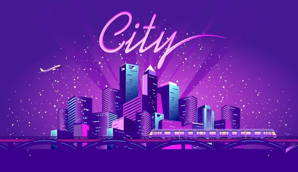Ilustração Vetorial Neon Colorido Multicolorido Cidade Noturna Luzes Elétricas Ponte — Vetor de Stock