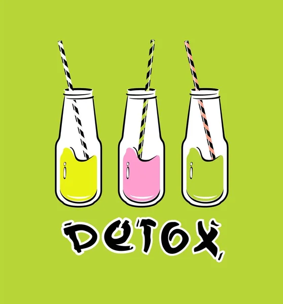 Vektorillustration Detox Cocktail För Hälsosam Livsstil Färskpressad Juice Tre Glasflaskor — Stock vektor
