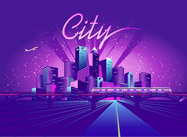 Ilustração Vetorial Neon Colorido Cidade Noite Luzes Elétricas Estrada Profundidade — Vetor de Stock