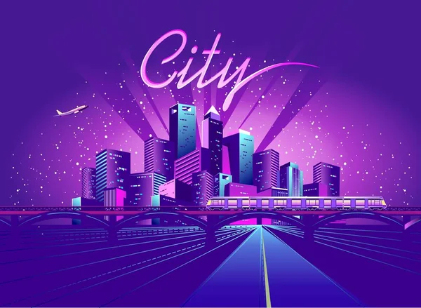 vector illustration neon colored city at night in electric lights road in depth