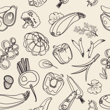 Sebze seamless modeli. Vejetaryen çiftlik piyasa ürünleri ayarlayın. Menü, poster, baskı, duvar kağıdı için kumaş Line