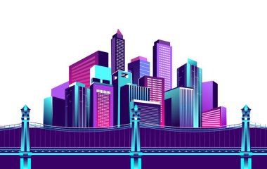 vektör çizim neon renkli renkli gece şehirde kanala megalopolis yol beyaz arka plan üzerinde elektrik ışıkları köprü