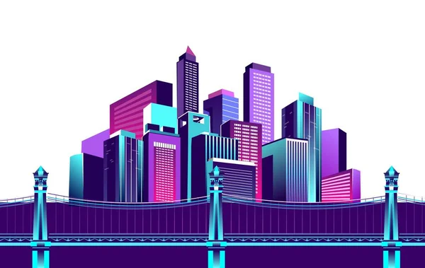 Wektor Ilustracja Neon Kolorowe Noc Wielobarwny Miasto Oświetlenie Elektryczne Most — Wektor stockowy
