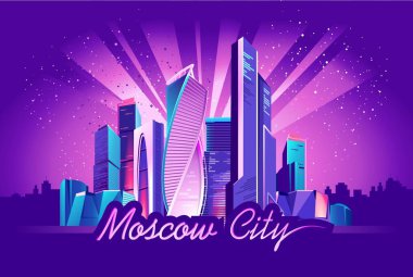 Vektör neon şehir gece parlayan iş bölgesi Moskova, gökdelenler ultraviyole bir arka plan üzerinde