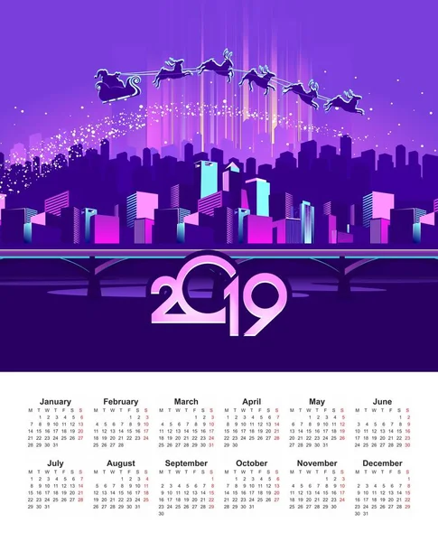 Kalendarzowy 2019 Ilustracji Wektorowych Neon Noc Świętującego Miasta Niebie Leci — Wektor stockowy